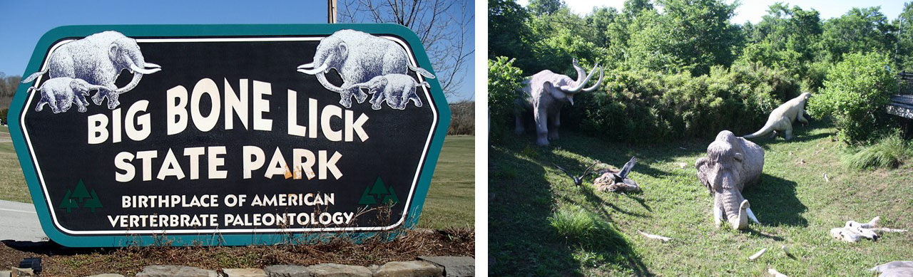 Sign at entrance to Big Bone Lick State Park and outdoor diorama of ice age mammals at the park. A mastodon and giant ground sloth stand along the bush line, and a mammoth is stuck in the mud in the foreground.